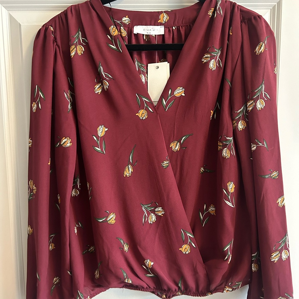 NWT Elodie Floral Burgundy Wrap Top